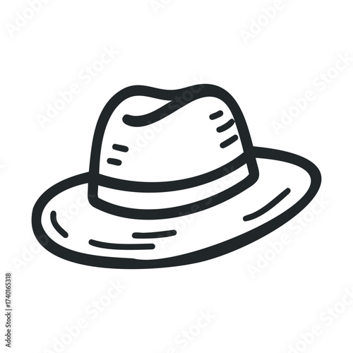 Line drawing of a classic fedora hat with wide brim and creased crown