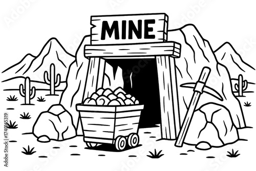 Gold Mine Adventure. Desert & Wild West coloring page: gold mine entrance with cart of gold, pickaxe leaning on rock, desert