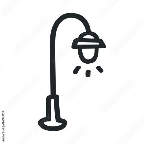 Simple line drawing of a street lamp with curved pole and light emanating