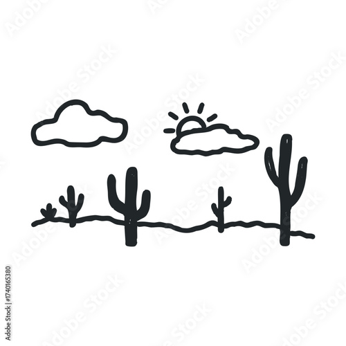 Black and white desert landscape with cacti, clouds, and rising sun illustration