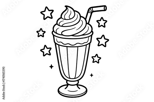 Cartoon Milkshake Delight. Food coloring page: milkshake in tall glass, straw and whipped cream, stars floating, black and white
