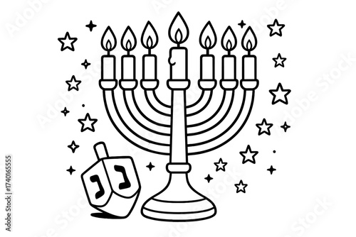 Hanukkah Celebration Coloring Page. Holidays coloring page: Hanukkah menorah with candles glowing, dreidel and stars around, black