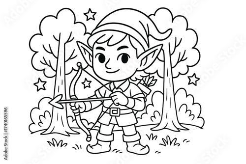 Elf in Enchanted Forest. Magical creatures coloring page: elf with pointy ears and bow, forest background, stars around, black and