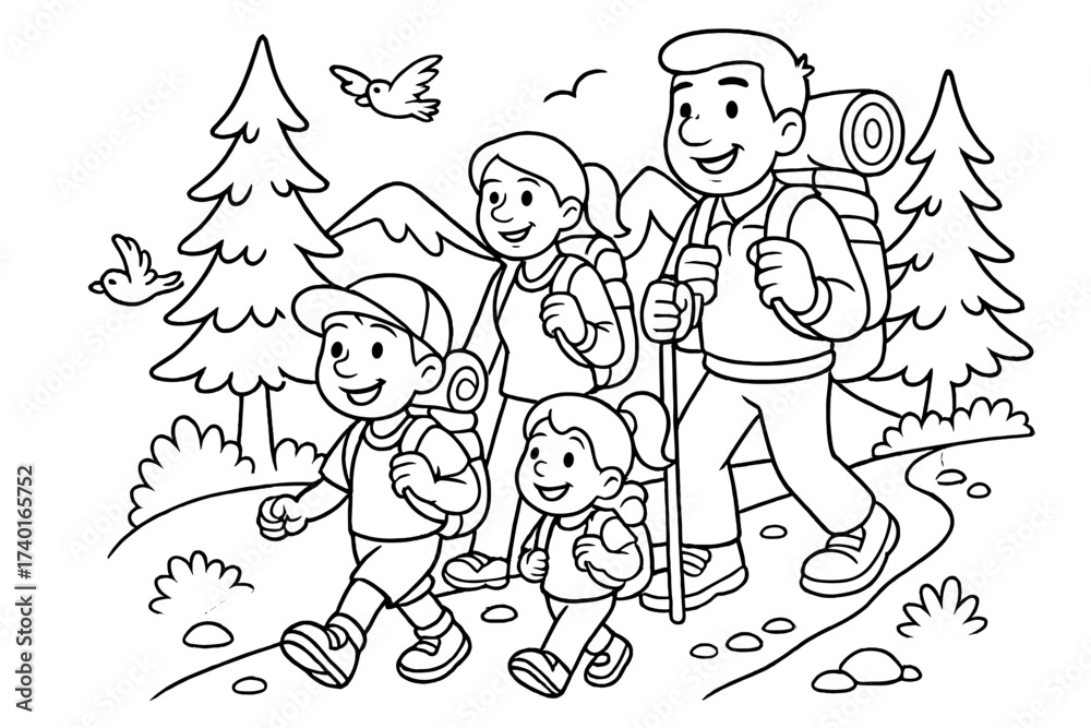 Naklejka premium Family Mountain Hike. Camping coloring page: family hiking up mountain trail with backpacks, trees and birds around, black and