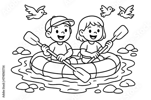 Children Paddling Adventure. Camping coloring page: children paddling inflatable raft in stream, birds flying above, rocks around,