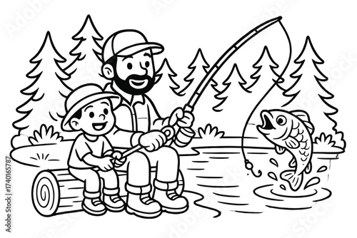 Father-Child Fishing Fun. Camping coloring page: father and child fishing at forest lake, fish jumping out of water, black and
