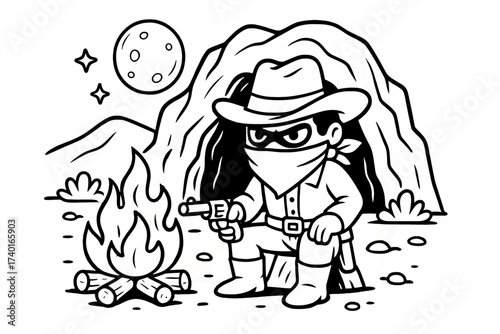 Desert Outlaw Scene. Bandit hideout coloring page: masked outlaw near campfire, cave behind, desert moon above, black and white