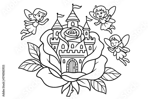 Fairy Rose Castle. Petal palace coloring page: giant rose turned into castle, fairies flying around it, black and white vector
