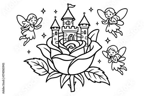 Fairy Rose Castle. Petal palace coloring page: giant rose turned into castle, fairies flying around it, black and white vector