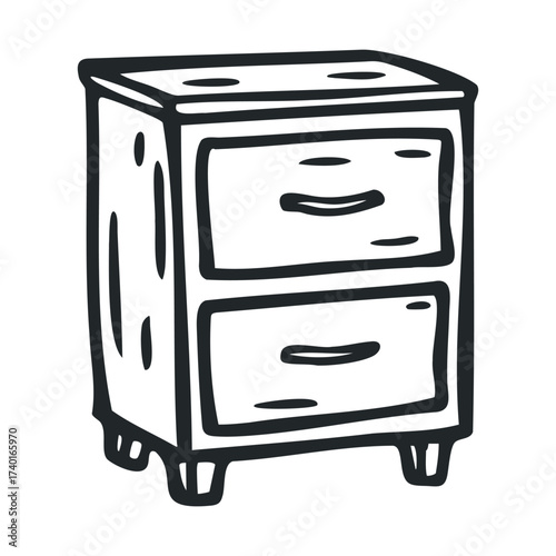 Hand-drawn black and white wooden nightstand with two drawers