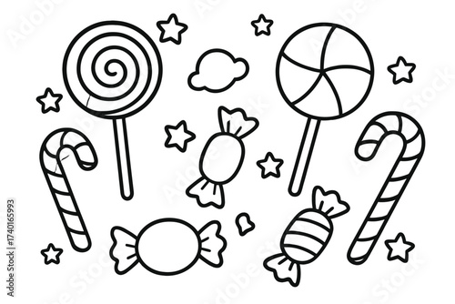 Candy Land Adventure. Candy world coloring page: lollipops, wrapped sweets and candy canes, stars floating, black and white vector