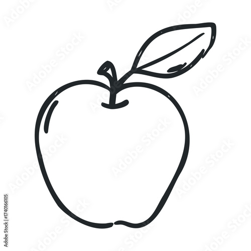 Simple black and white line drawing of an apple with leaf