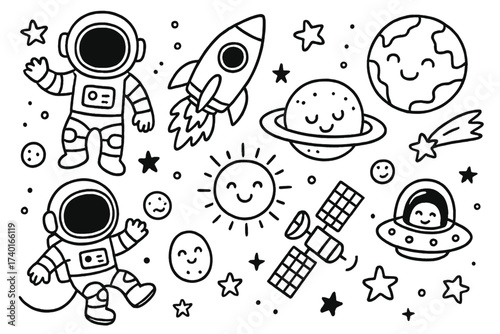 Space Explorer Doodles. Doodle space exploration with astronauts, rockets, and smiling planets in black and white isolated