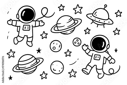 Astronauts and Cosmic Doodles. Doodle astronauts floating with planets, stars, and UFOs in black and white isolated transparent