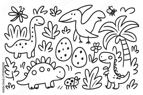 Doodle Dinosaur Jungle. Amusing doodle prehistoric jungle with dinosaurs, eggs, and insects in black and white isolated