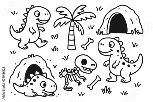 Dino Doodle Adventure. Quirky doodle dino exploration with caves, bones, and smiling reptiles in black and white isolated