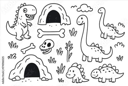 Dino Doodle Adventure. Quirky doodle dino exploration with caves, bones, and smiling reptiles in black and white isolated