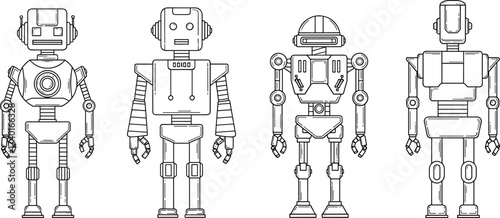 Retro futuristic robot illustration, vintage robotic design, mechanical android character, artificial intelligence machine, sci-fi robot line art drawing, technology