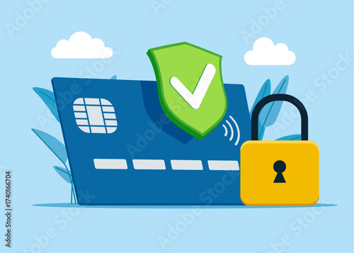 Locked with padlock credit card. Payment protection. Secure payment. Vector flat illustration