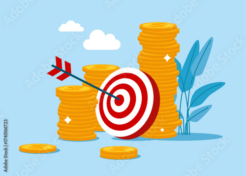 Target with arrow and pile of dollar coins. Begin savings to achieve financial goal, power of compound interest, collecting wealth. Vector flat illustration