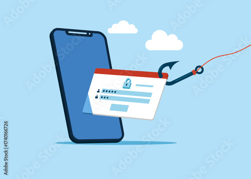 Login account attached to large hook. Online Information Hacking. Mobile phone screen with Blocked Account on Screen. Hacking and exploit results. Vector flat Illustration.