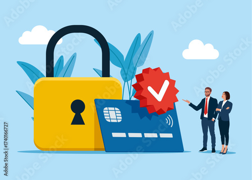 Secure credit card transaction. Locked with padlock credit card. Payment protection. Vector flat illustration