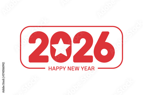 Red new year greeting card with star replacing zero in the year two thousand twenty six