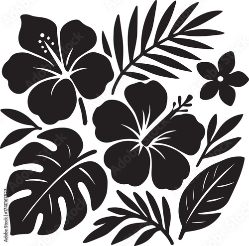 Tropical Floral Silhouettes, Hibiscus, Palm Leaves, and Exotic Flower Vector Art

