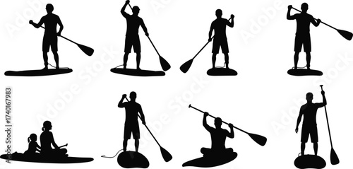 Silhouette people paddle boarding, stand up paddling, outdoor adventure, water sport, kayaking activity, ocean lifestyle, summer recreation, surfing fun, leisure exercise