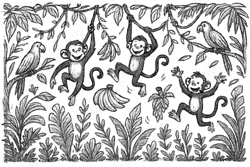 Jungle Fun Scene. Fun jungle sketch with swinging monkeys, parrots, and banana bunches in black and white isolated transparent