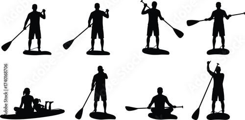 Silhouette people paddle boarding, stand up paddling, outdoor sport, summer activity, water adventure, surfing balance, ocean lifestyle, kayaking fun, recreation exercise