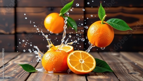 Juicy oranges splashing onto a rustic wooden surface, creating a vibrant and refreshing scene, still life, orange, color