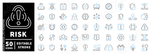 Risk and safety icons set. editable line icons, outline, hazard and warning symbols