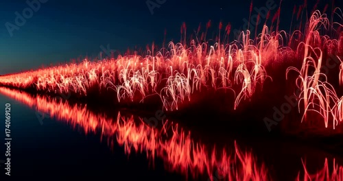 Vibrant red light trails reflecting on water at night, creating a serene atmosphere