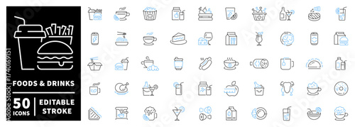 Food and drinks icons set. editable line icons, outline, culinary symbols