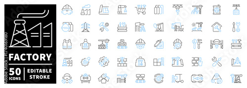 Factory and industry icons set. editable line icons, outline, industrial symbols