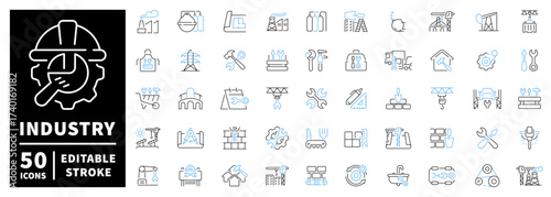 Industry icons set. editable line icons for tools, factories, and construction
