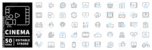 Cinema icons set . editable line icons, outline, film and entertainment symbols