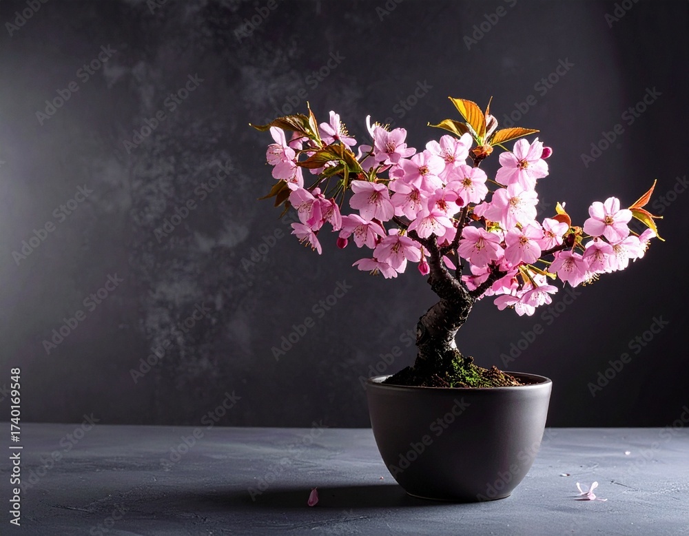 Fototapeta premium Delicate Cherry Blossom Bonsai Tree in Bloom Against a Dark Background