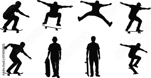 Skateboarder silhouette collection, black vector icons, trick and casual poses, dynamic motion illustration, urban sport concept, youth lifestyle graphic
