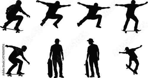 Skateboarder silhouette set, black vector icons, trick and stance poses, dynamic motion illustration, urban sport concept, youth culture graphic