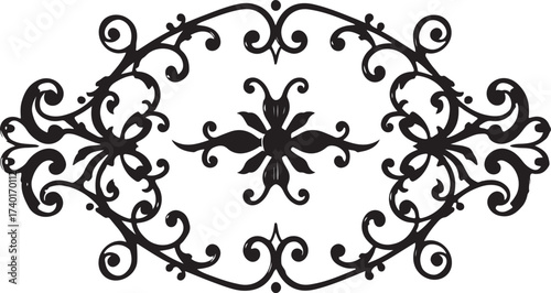 Intricate Ironwork Flourish A Decorative Floral and Scroll Design Element With Symmetrical Balance and Ornate Detailing in Silhouette Form