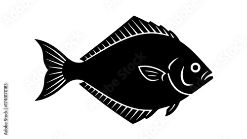 Monochrome vector stencil of an Indian Halibut, a detailed flatfish silhouette for seafood restaurant logos and coastal branding