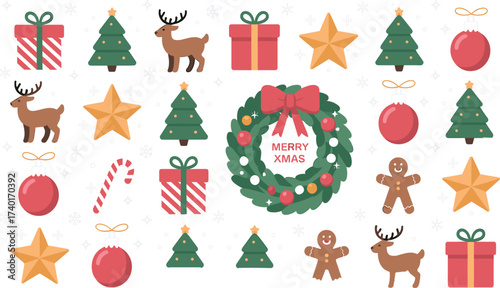 Festive Christmas elements pattern with gift boxes deer and gingerbread men