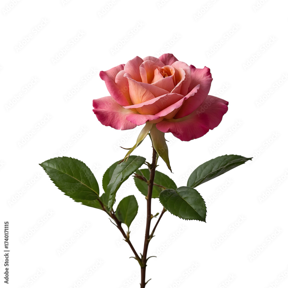 Obraz premium Vibrant pink and peach rose blossom with lush green leaves on a stem, capturing the essence of natural beauty and delicate charm