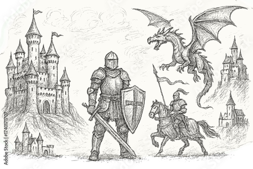 Medieval Fantasy Adventure. Medieval fantasy sketch with castles, knights, and dragons in black and white isolated transparent