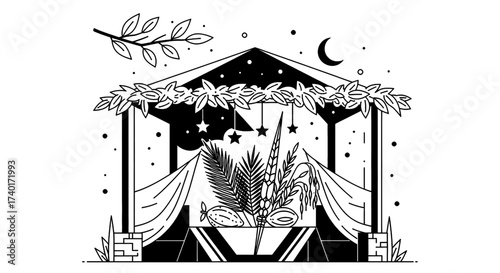 Charming Sukkah Illustration for Sukkot Celebrations, a Symbol of Jewish Tradition and Harvest Festival Joy, Evoking a Sense of Community and Togetherness Under the Stars