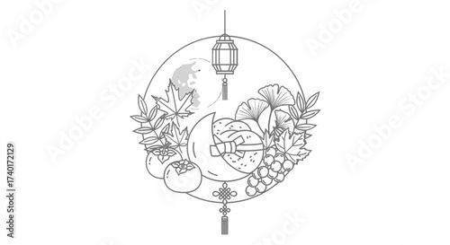 Celebrate the Mid-Autumn Festival with this elegant line art featuring mooncakes, persimmons, grapes, and maple leaves, ideal for cultural events and festive celebrations