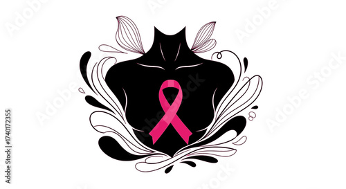 Show Your Support with This Breast Cancer Awareness Design Featuring a Symbolic Pink Ribbon and Elegant Floral Accents, Perfect for Campaigns and Charitable Events