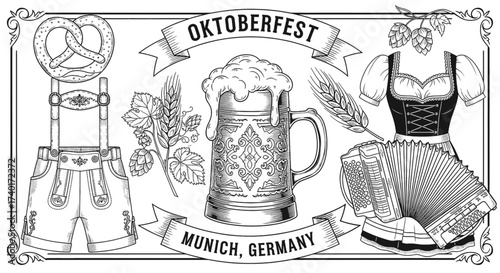 Celebrate Oktoberfest in Munich Germany with this fun design featuring beer, pretzels, lederhosen, and traditional German culture, perfect for event promotions and festive designs